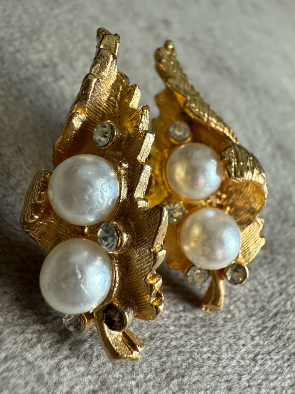 Gold Pearl & Crystal Leaf Clip-On Earrings